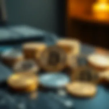 Diverse cryptocurrency coins on a table