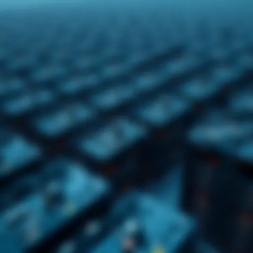 Aerial view of a large cryptocurrency mining farm with numerous rigs operational