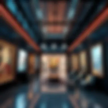 A futuristic view of art galleries showcasing digital art