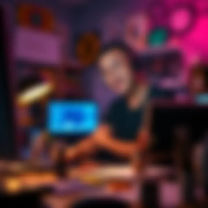 An illustration showing a digital artist at work with vibrant colors and tools