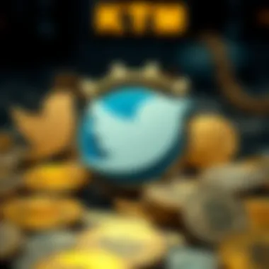 A Twitter bird emblem surrounded by cryptocurrency symbols